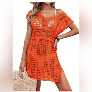 Merokeety Women's Crochet Cover Up Swimsuit Hollow Out Beachwear Orange Tie M